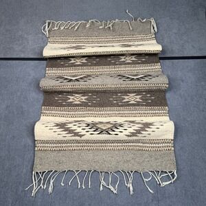 Vintage Mexican Handwoven Wool Rug Grey Cream Geometric Diamond Runner 24x42